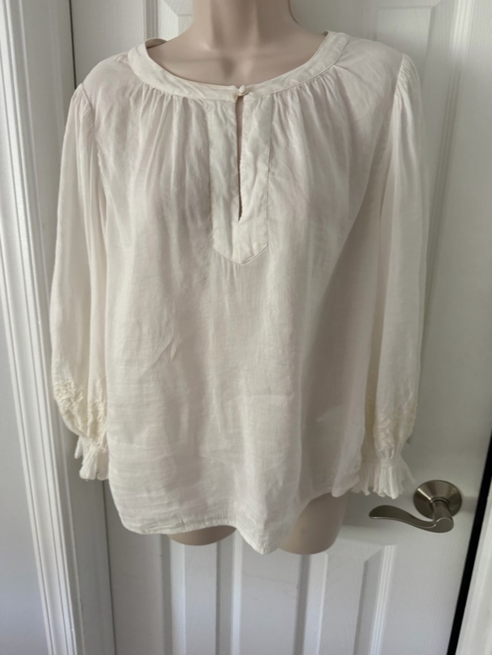 Velvet Women's Cream Linen Peasant Blouse - Classic Long Sleeve Top